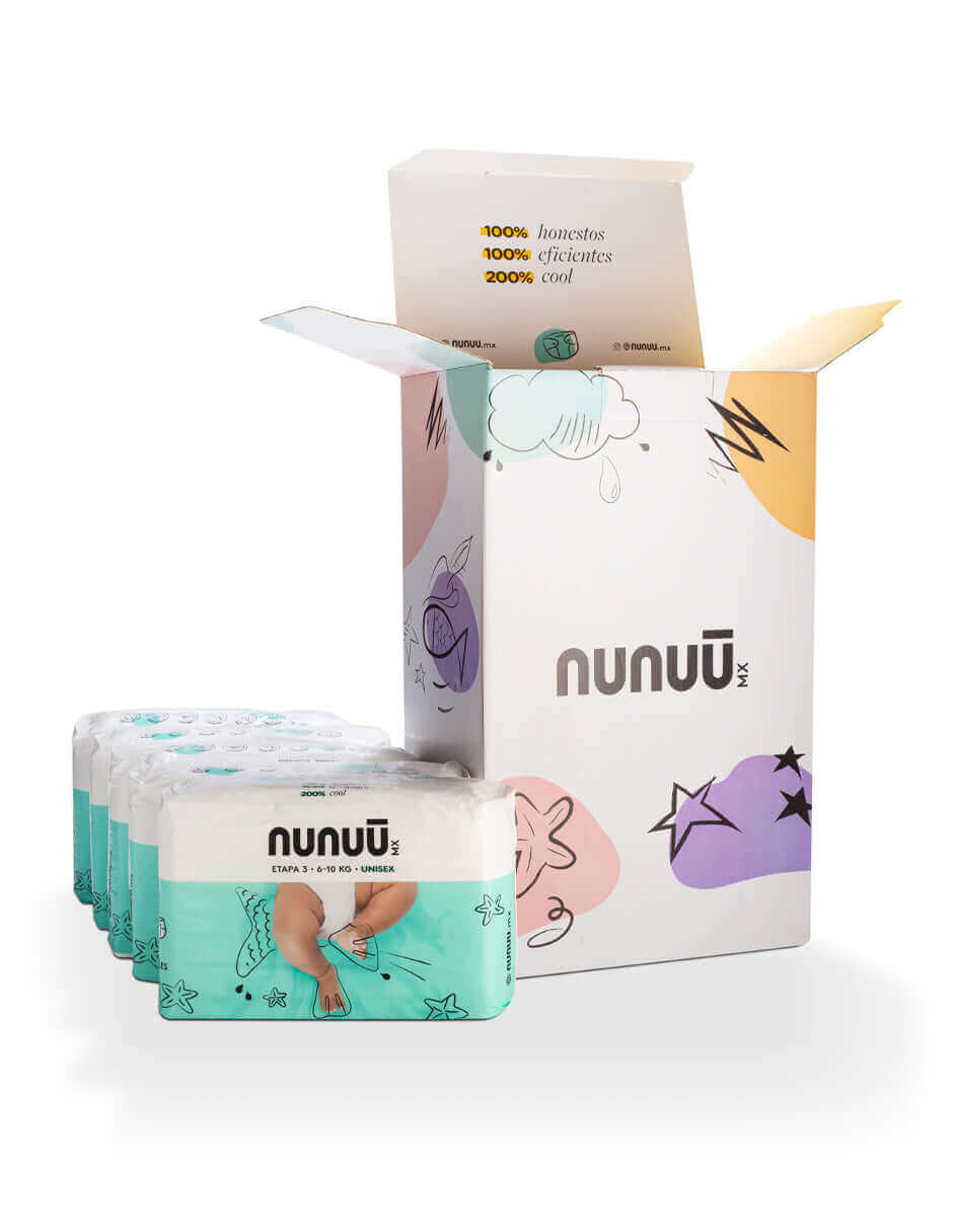 Ícono de la caja de Etapa 3 Nunuū, mostrando el contendido de 5 bolsas de 30 piezas cada una.